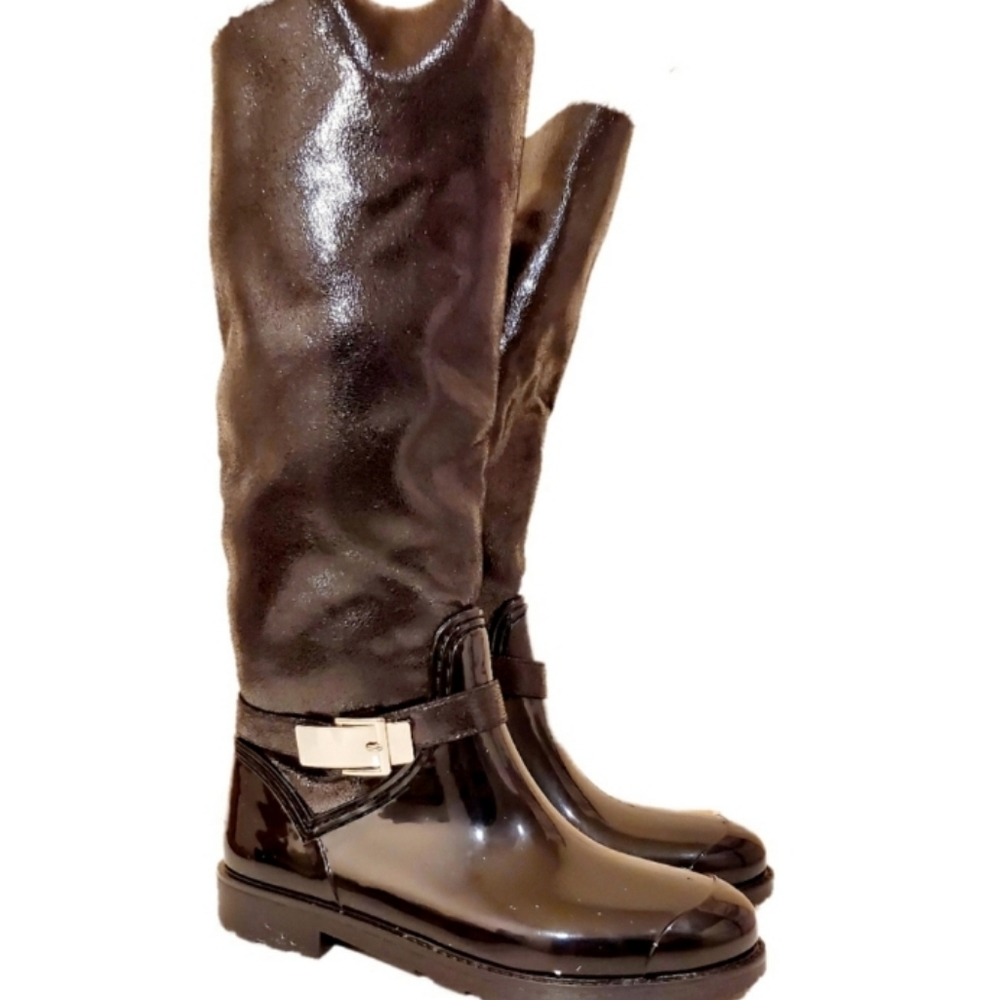 Bamboo Heeled Black Calf Tall Boots Faux Fur Lined